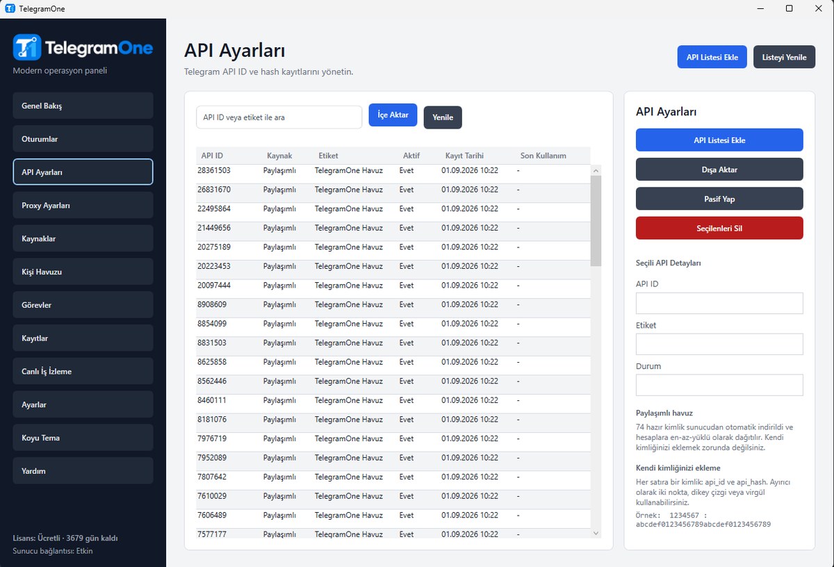 TelegraOne API ayarları ekranı: paylaşımlı havuzdan gelen hazır API kimlikleri